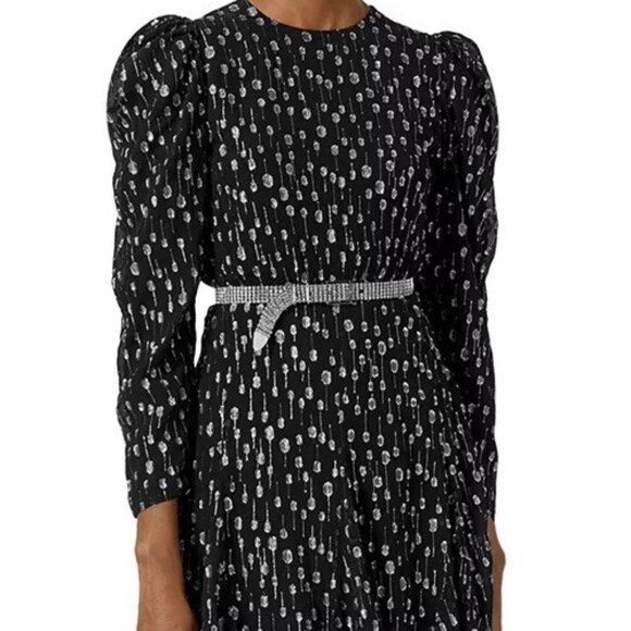 The Kooples Size Small Black Silver Metallic Polka Dot Mini Dress Puff Sleeve - Picture 2 of 10